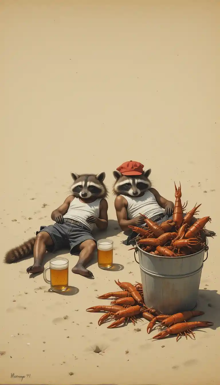 Two raccoons napping on a summer beach in simple line art