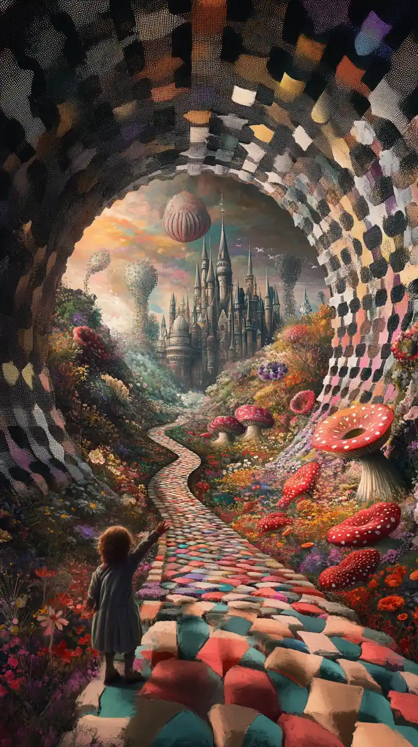 Child at the edge of a patterned tunnel to fantasy