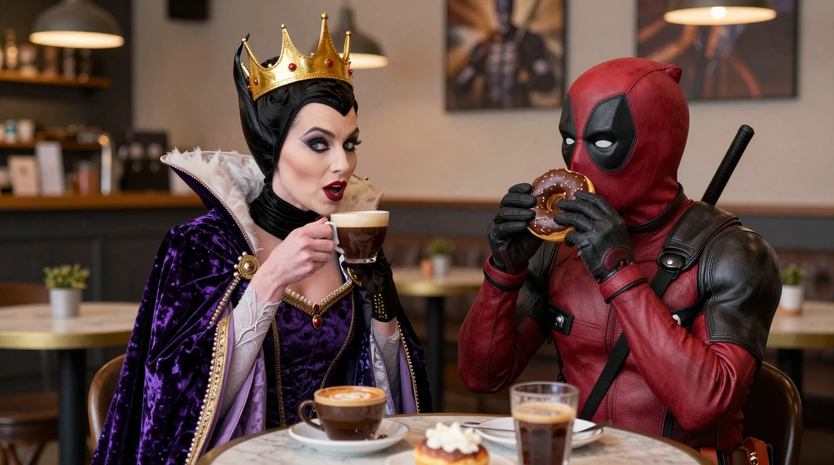 Evil queen and masked hero in a cozy coffee shop