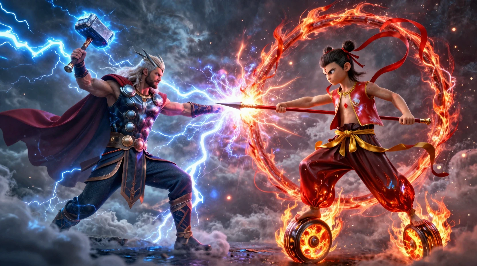 Epic clash of lightning and fire between two divine warriors