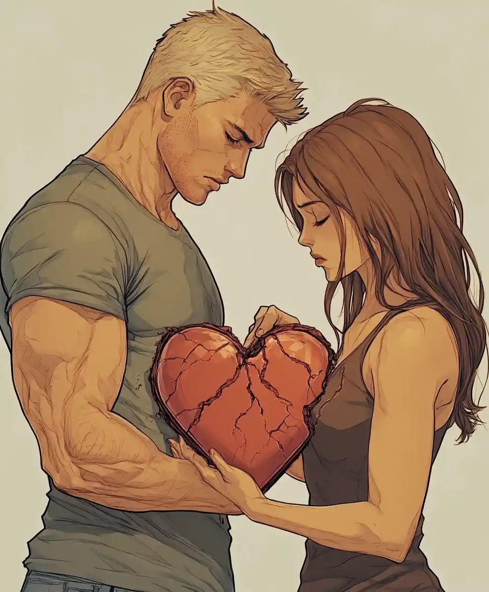Man and woman mending a shattered symbolic heart