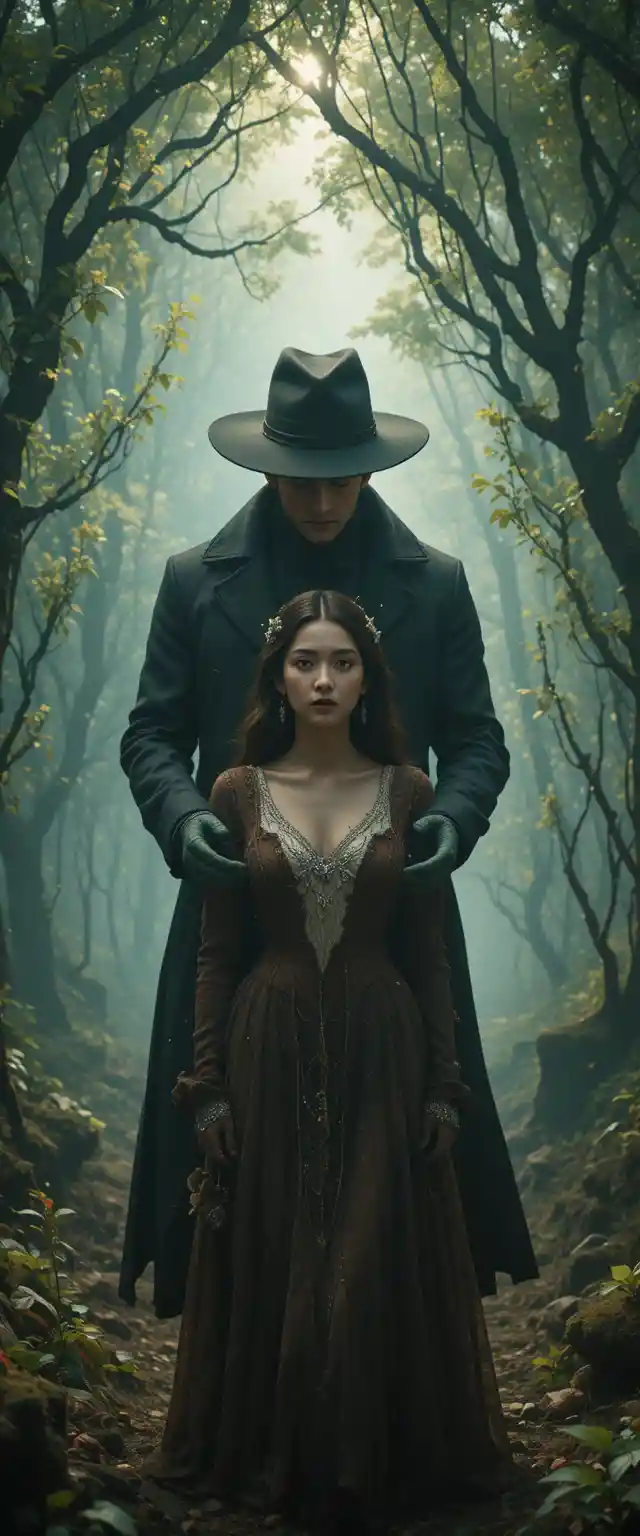 Private detective holding a woman in a cinematic studio scene