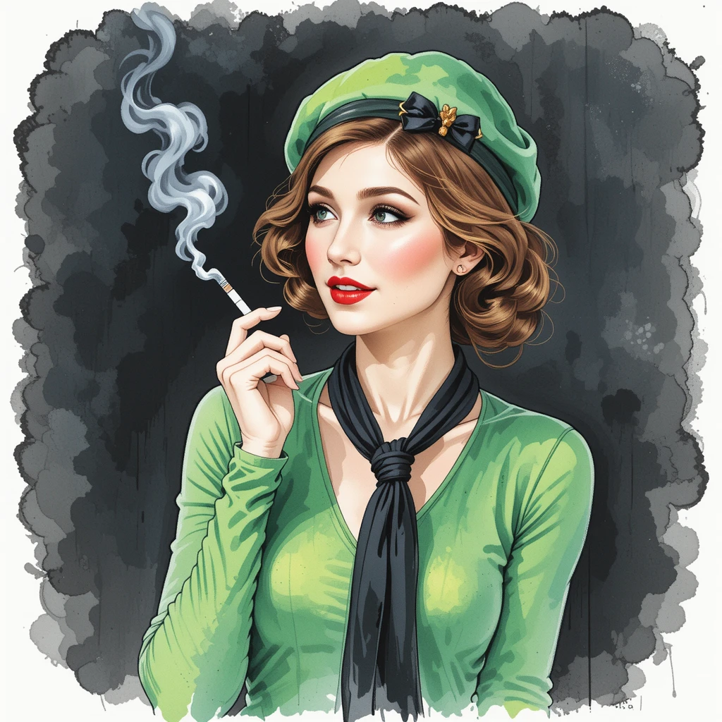 Stylish 1920s woman smoking in a dark dramatic scene