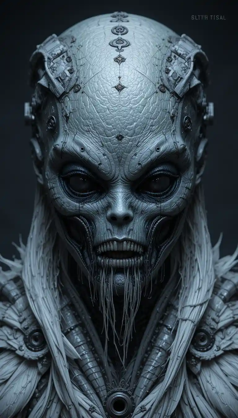 Close up of a faceless alien mask with mechanical details