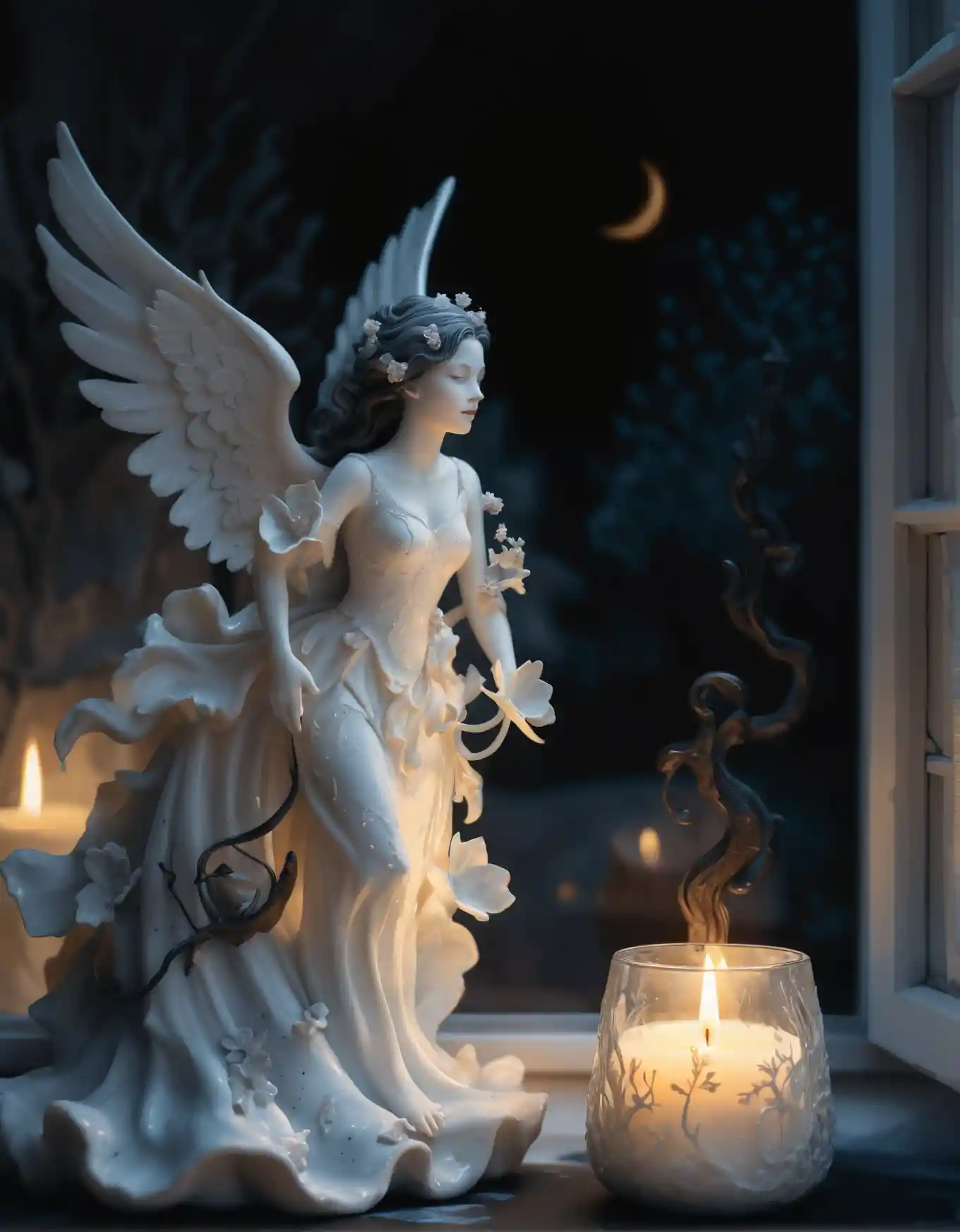 Porcelain sculpture by an open window with glowing candle