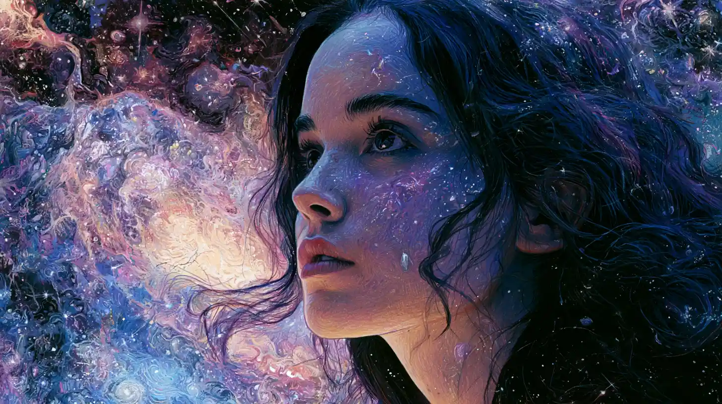 Young woman in space clutching a glowing crystal