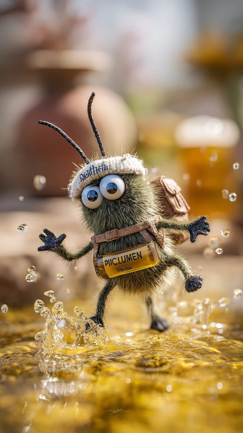 Cartoon fly splashing into a glass bowl of apple vinegar