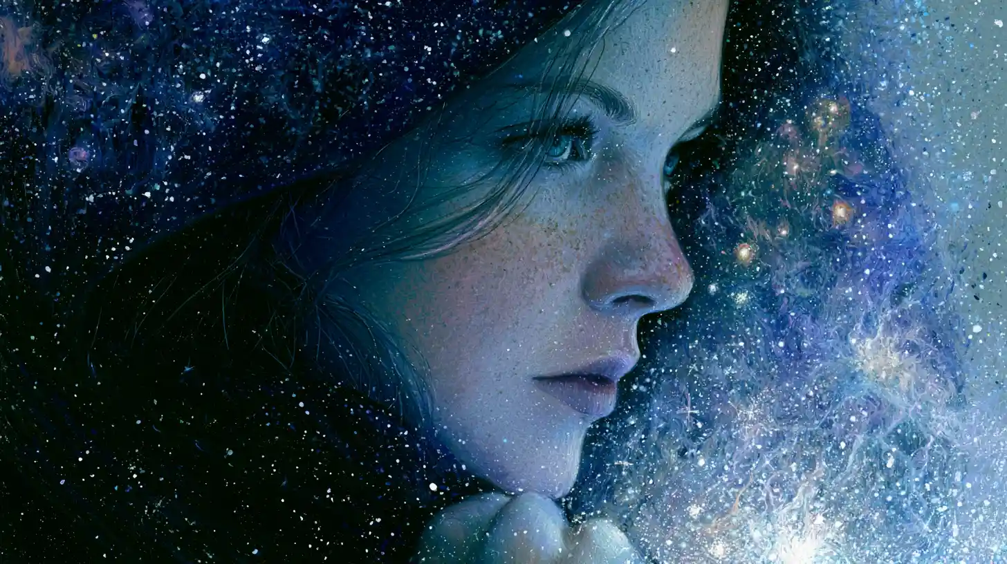 Young woman holding glowing crystal in cosmic space