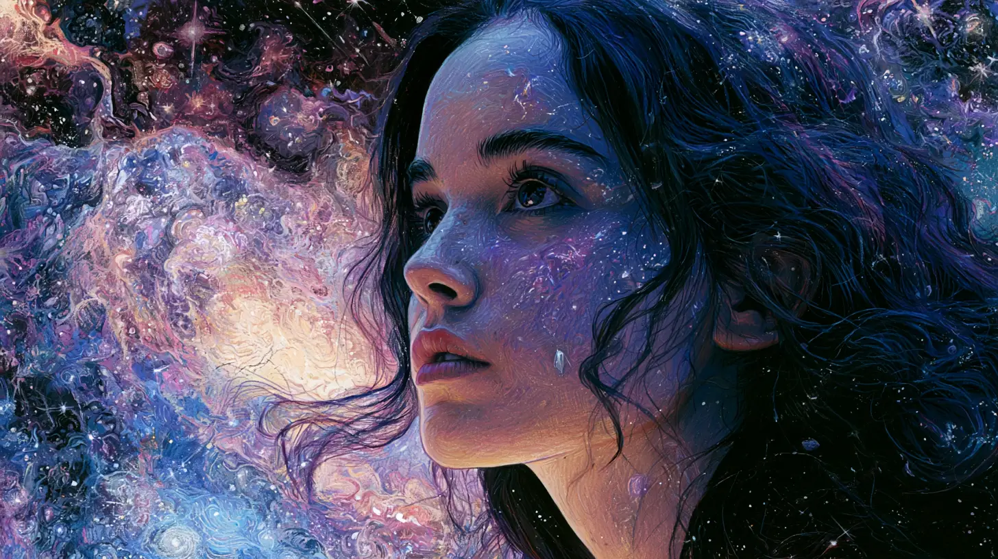 Young woman in space clutching a glowing crystal
