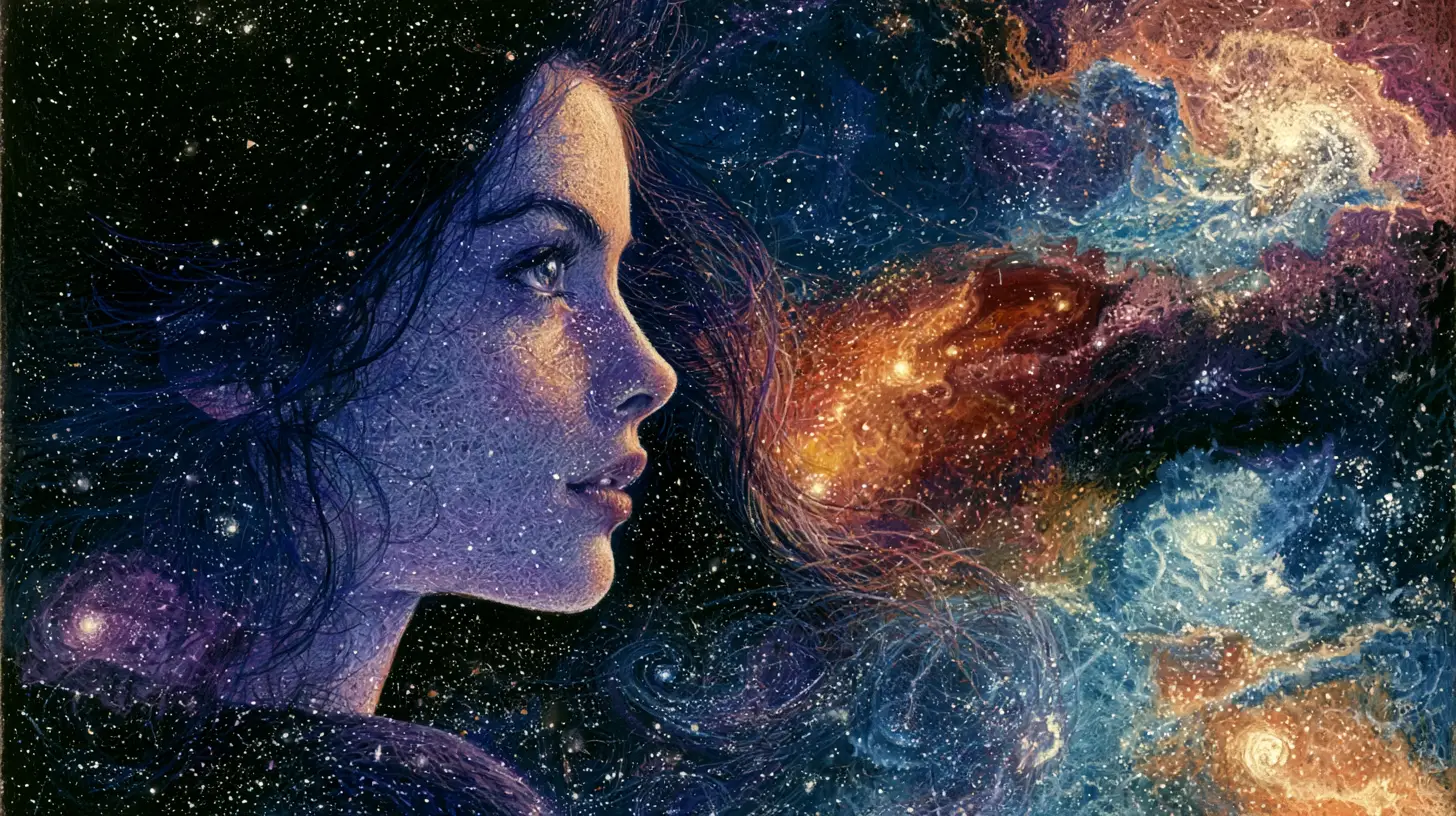 Young woman in space clutching a glowing crystal pendant