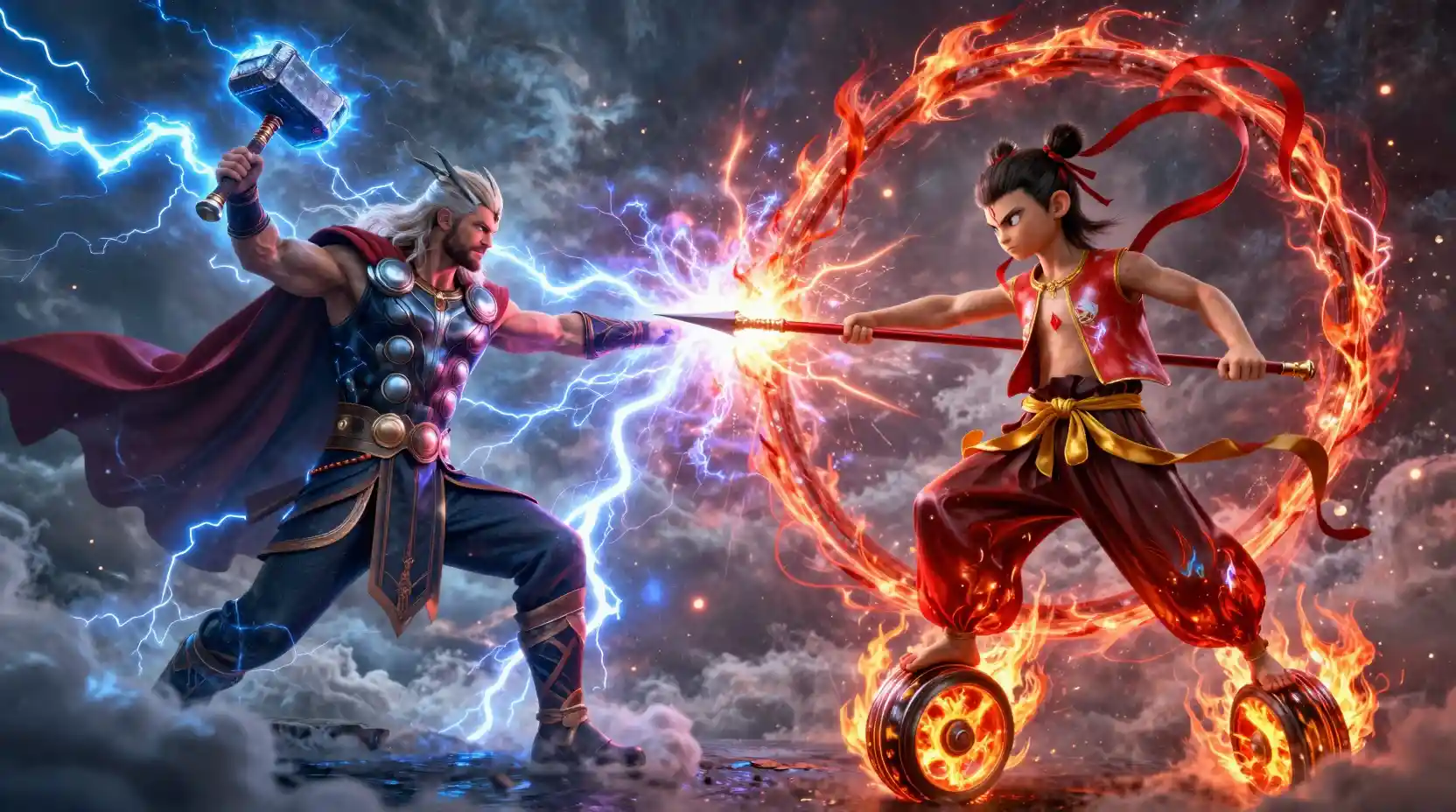 Epic clash of lightning and fire between two divine warriors