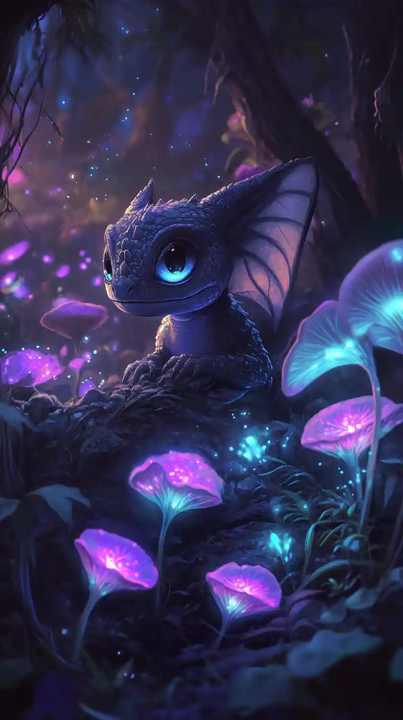 Small dragon curled among glowing bioluminescent flowers