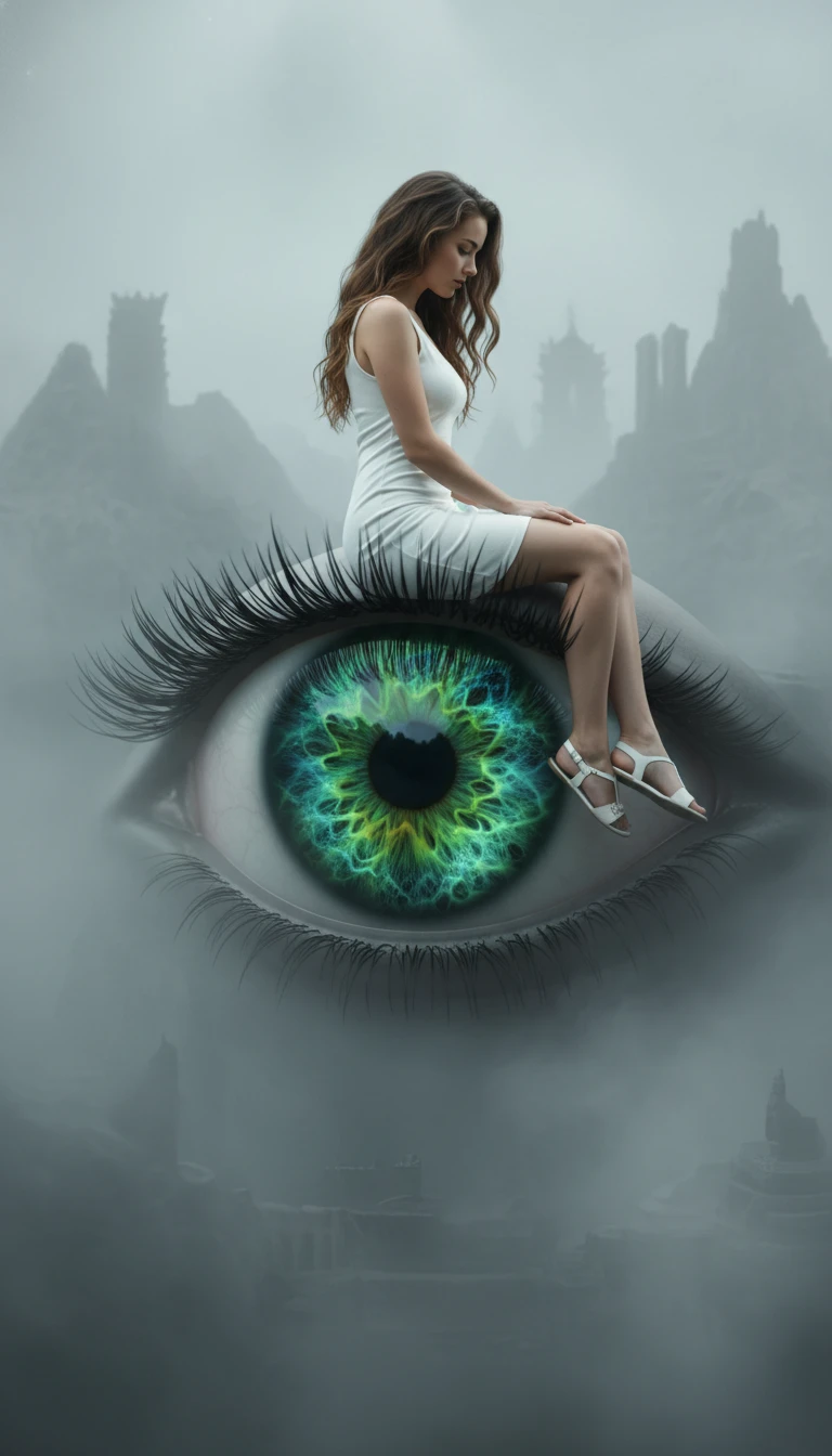 Young woman sitting on the rim of a giant eyeball