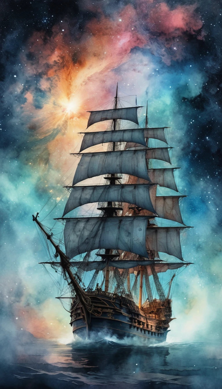 Ghostly galleon sailing through a glowing cosmic nebula