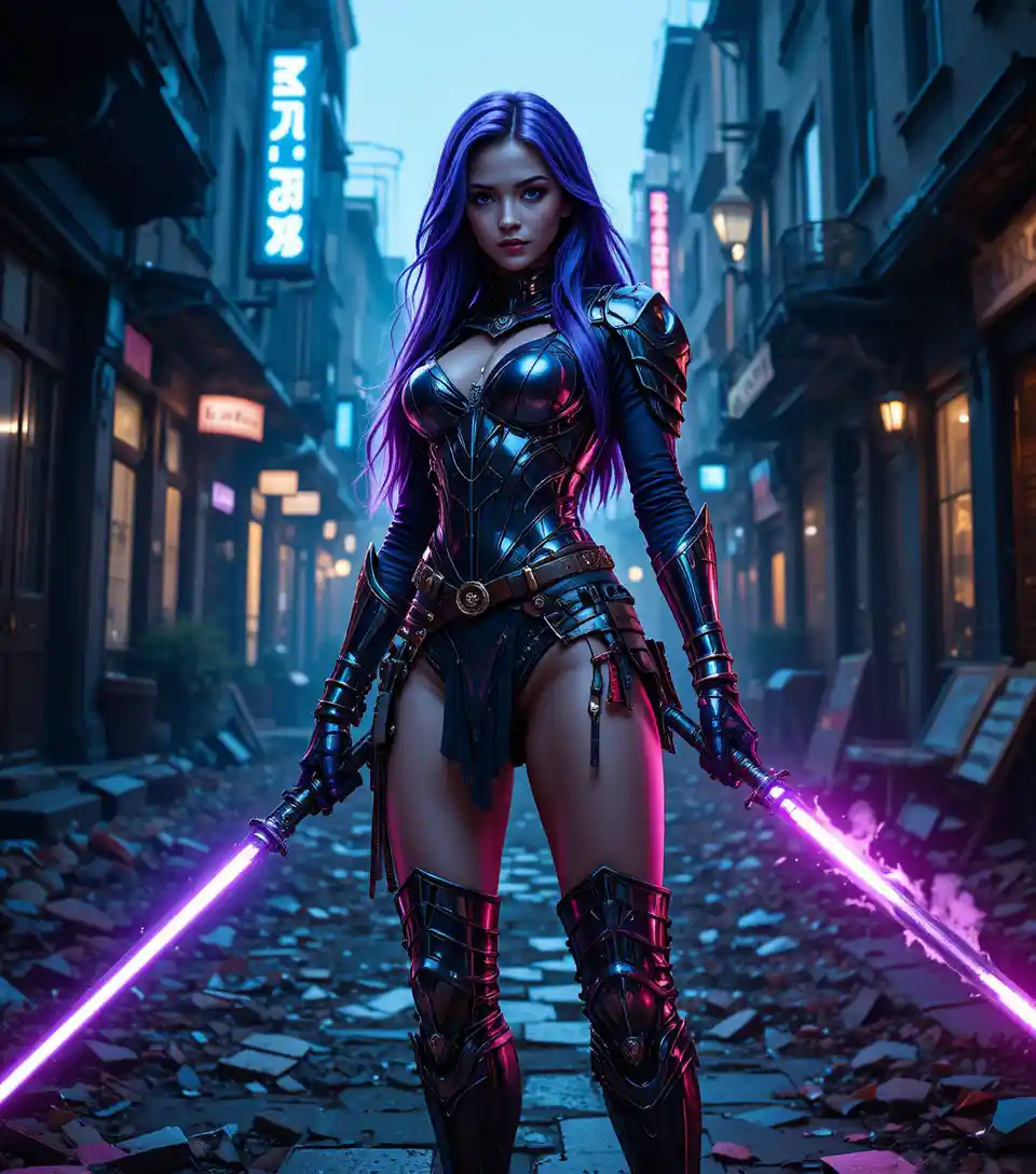 Guerriera dai capelli viola in armatura in una strada di città al neon