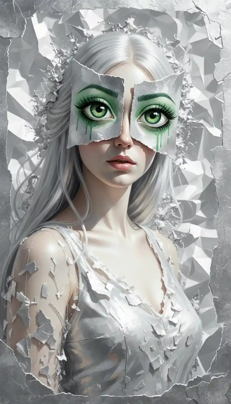 Ethereal woman with silver art pages covering her eyes
