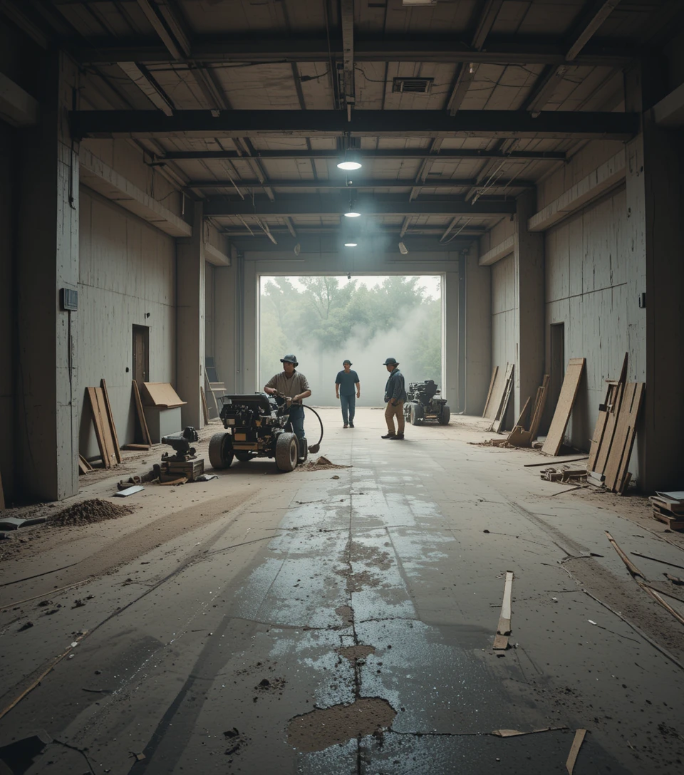 Wide timelapse view of workers grinding a garage floor