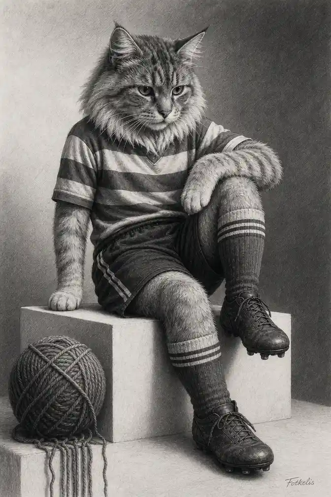 Graphite drawing of a contemplative cat in football uniform
