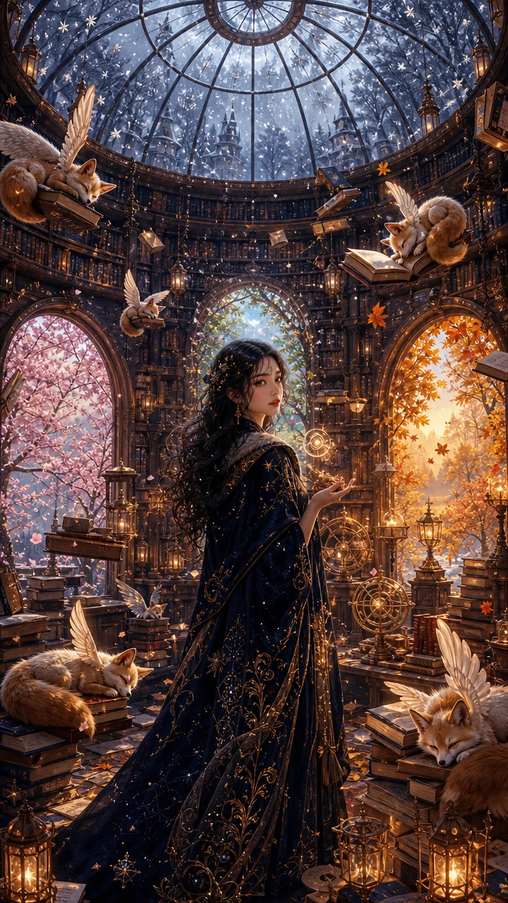 Sorceress in an enchanted library of changing seasons