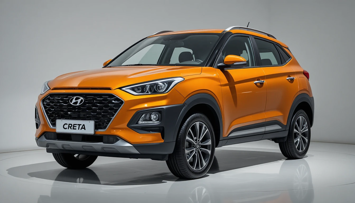 Orange car in modern showroom with glossy white background