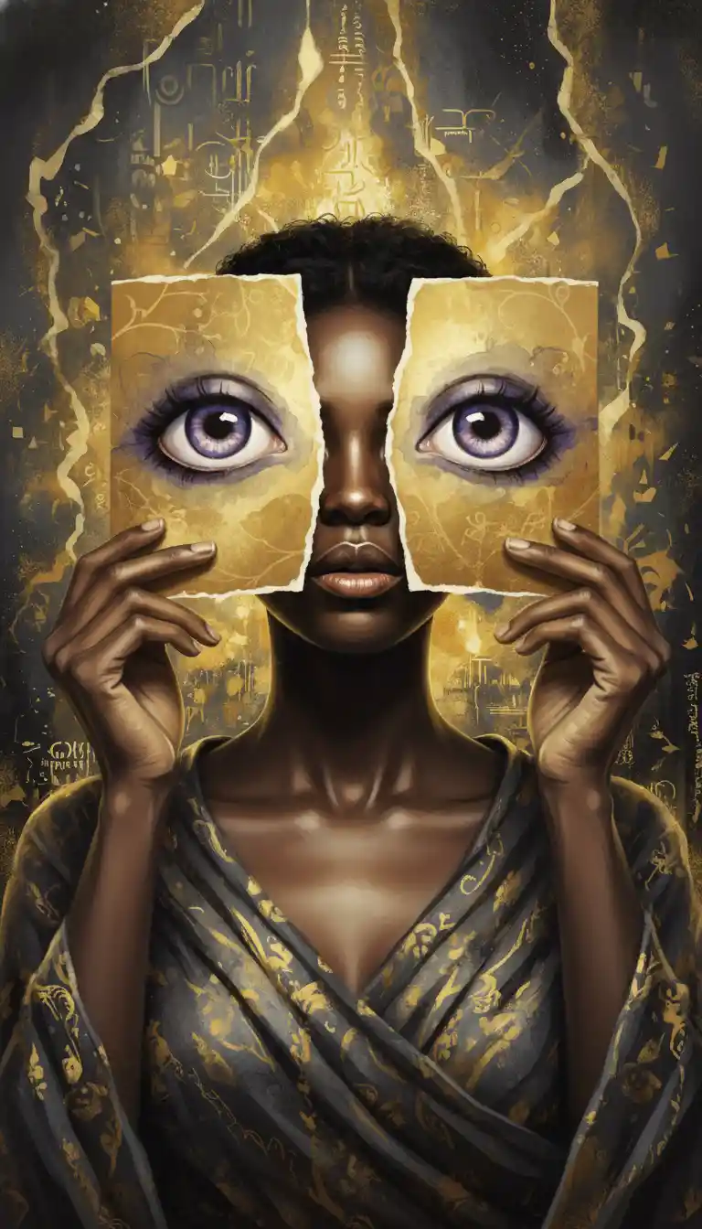 Ethereal portrait of a black woman with golden art pages