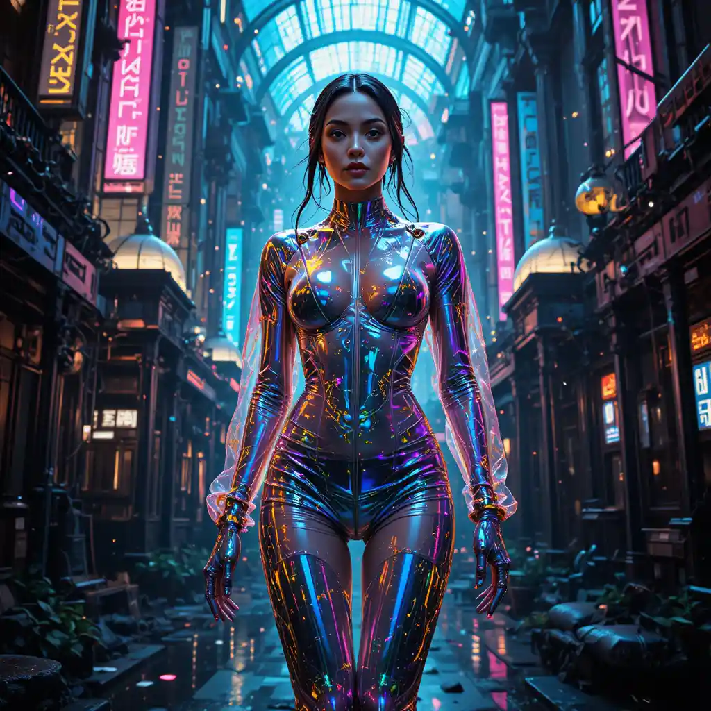 Cybernetic woman rising from collapsing digital reality