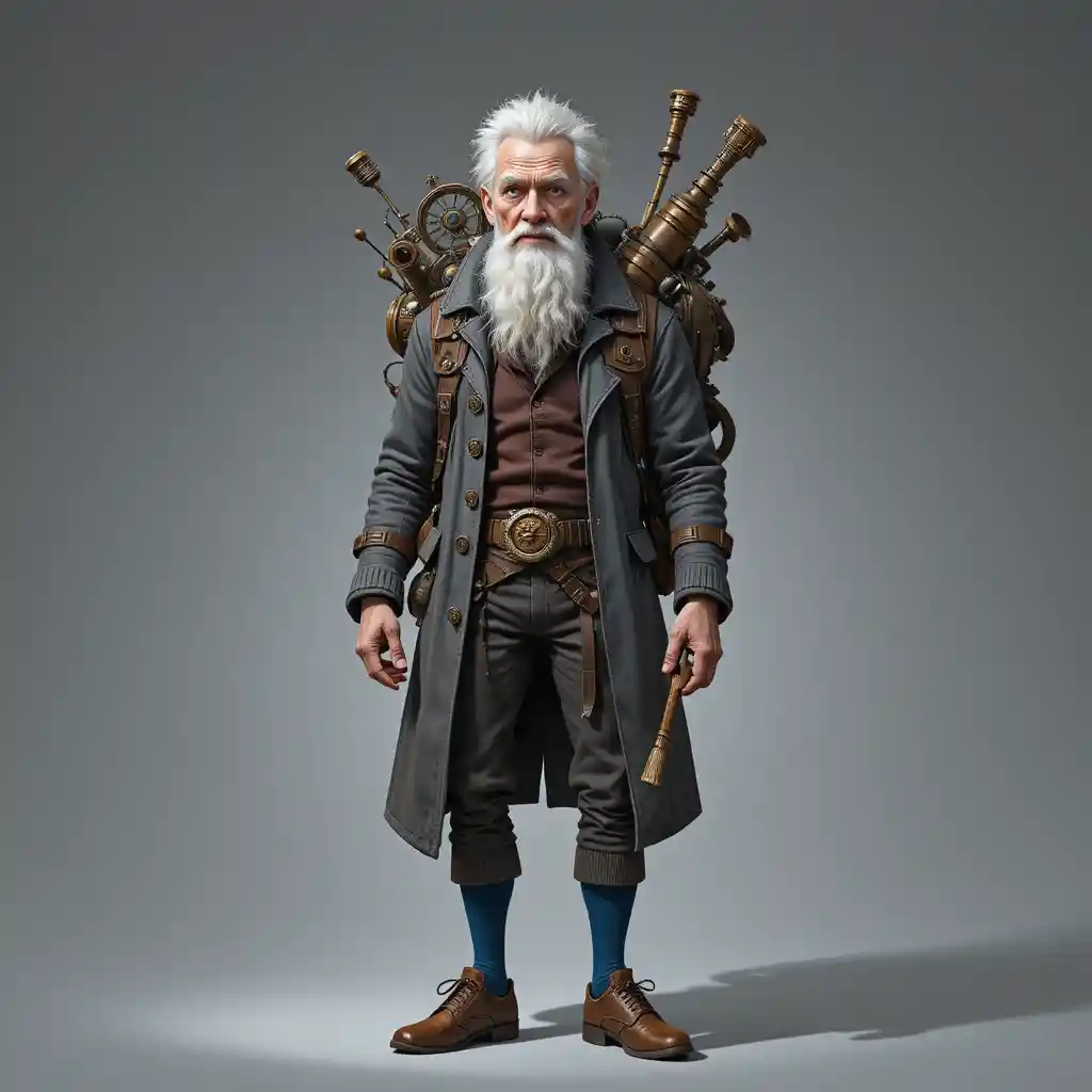 Eccentric old explorer holding scroll and staff