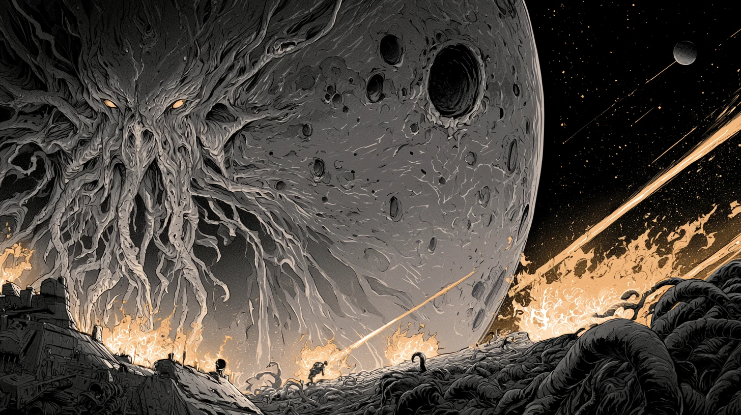 Colossal cosmic overlord leading a final assault on humanity