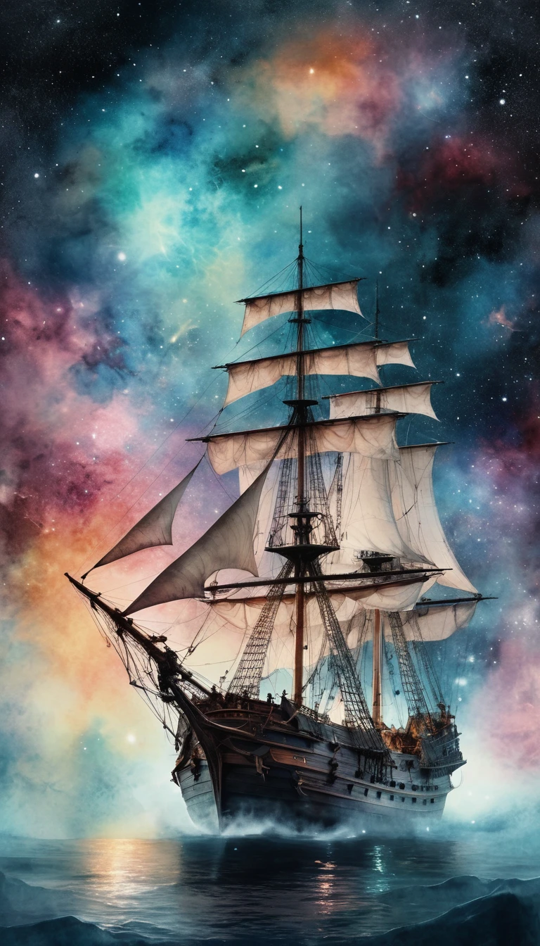 Ghostly sailing ship drifting through glowing cosmic nebula