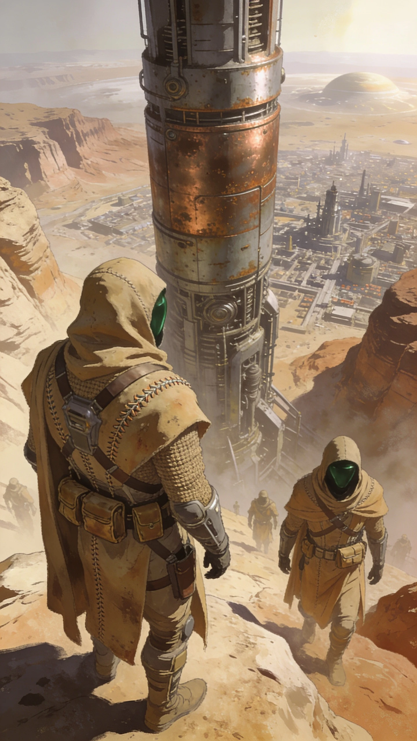 Futuristic tower above cloaked figures in alien desert