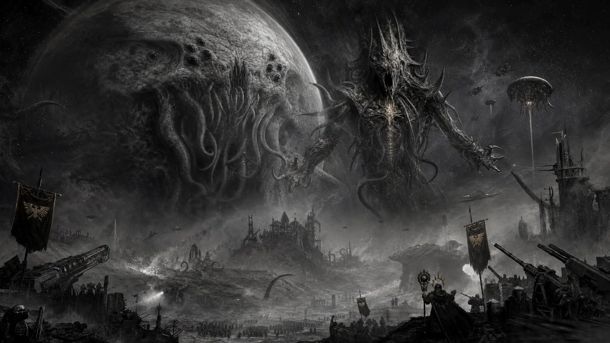 Colossal cosmic overlord leading a final assault on humanity