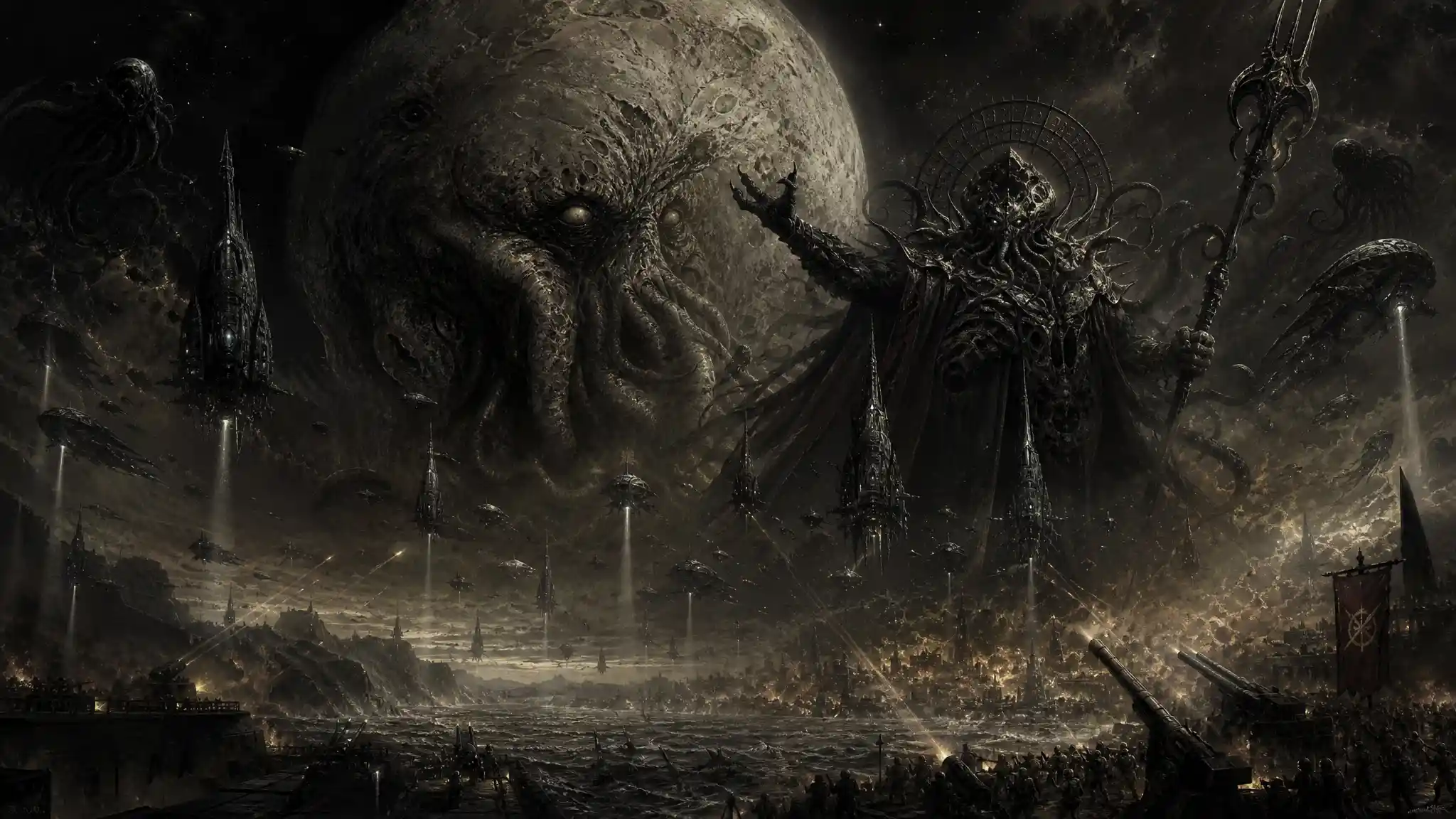 Colossal cosmic overlord leading a final assault on humanity