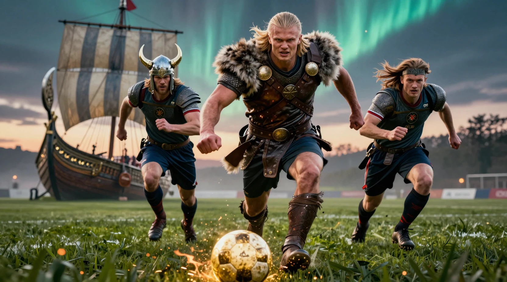 Viking football warriors charging across glowing stadium field