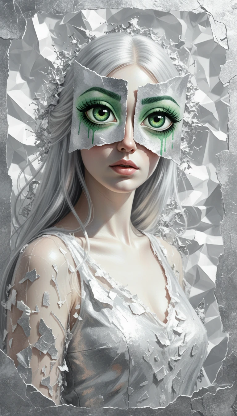 Ethereal woman with silver art pages covering her eyes