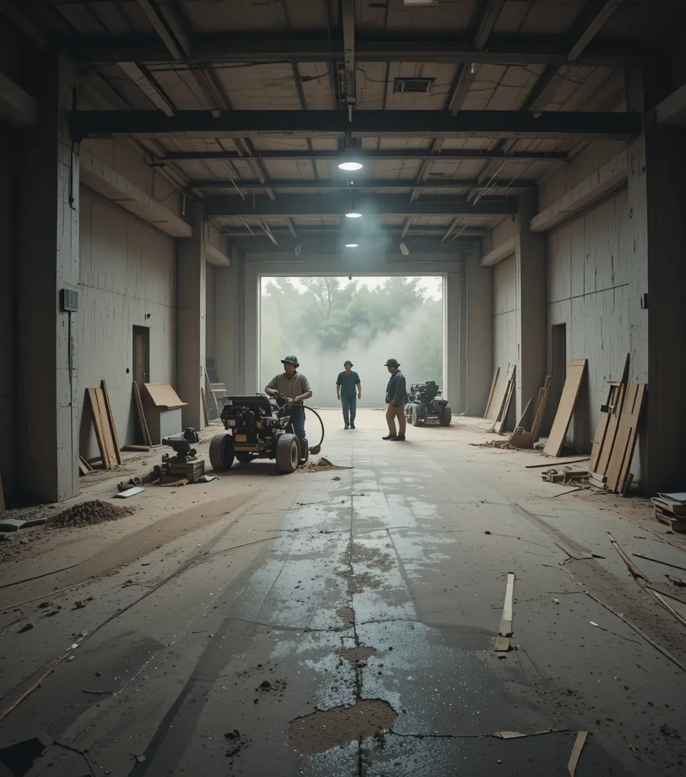 Wide timelapse view of workers grinding a garage floor