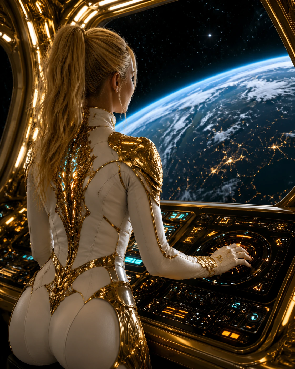 Blonde woman in ornate suit looking out spaceship window