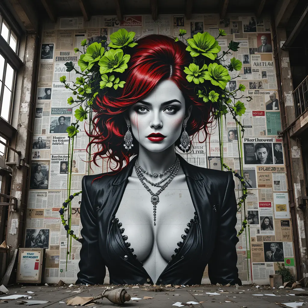 Femme fatale mural on decayed industrial street wall