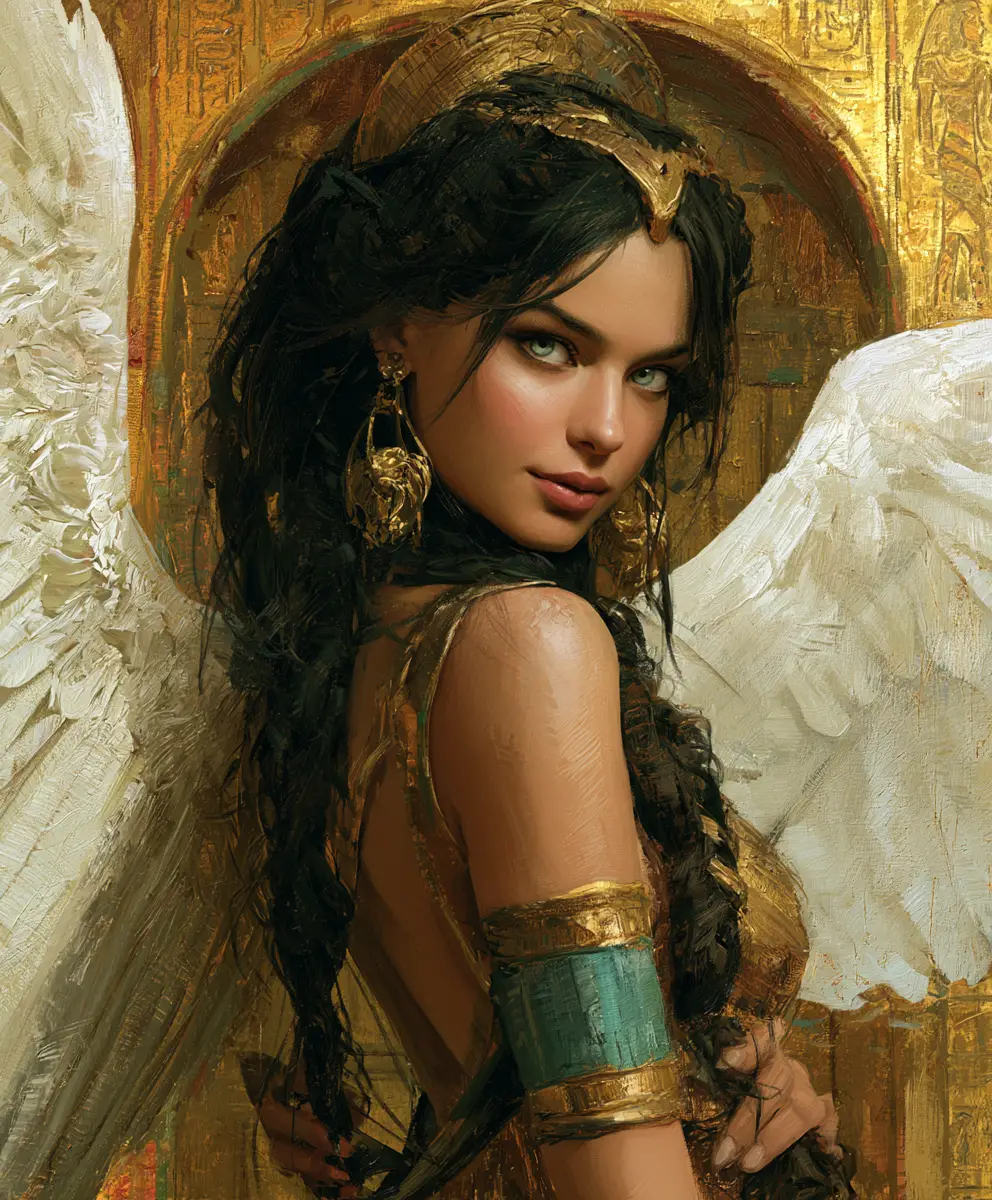 Winged Egyptian goddess in ornate golden portrait