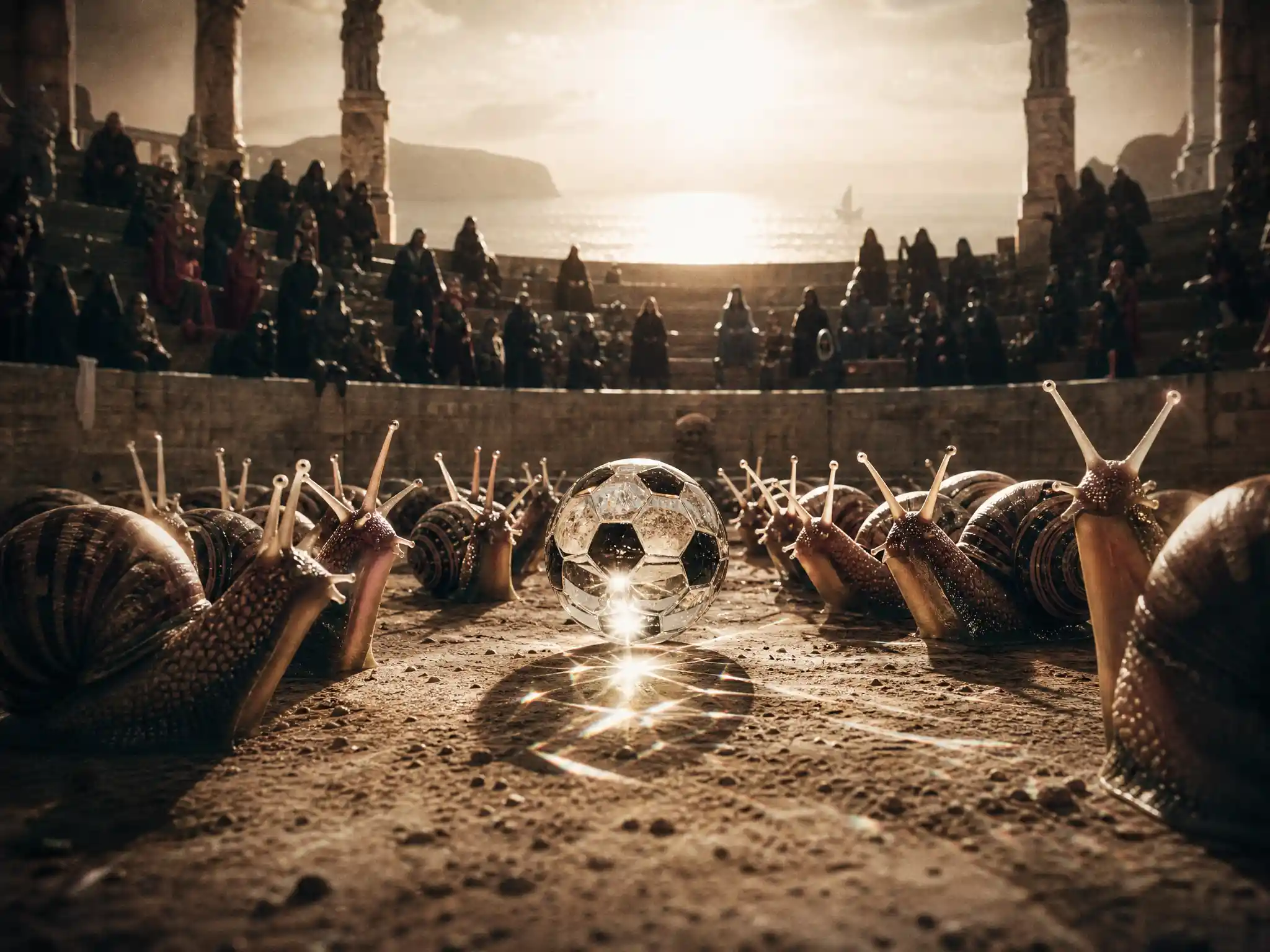 Surreal snail football match in a vintage cinematic arena