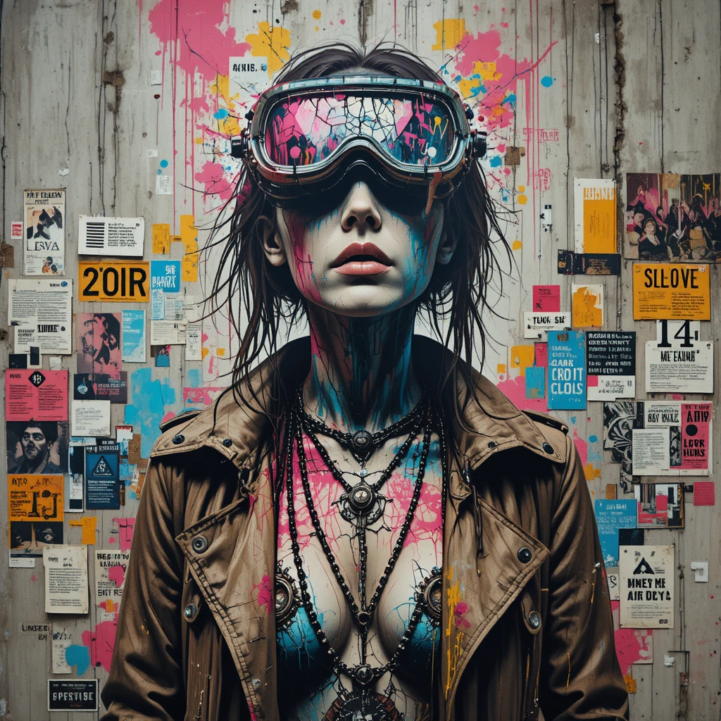 Retrato de mulher cibernética em street art tomada por glitches