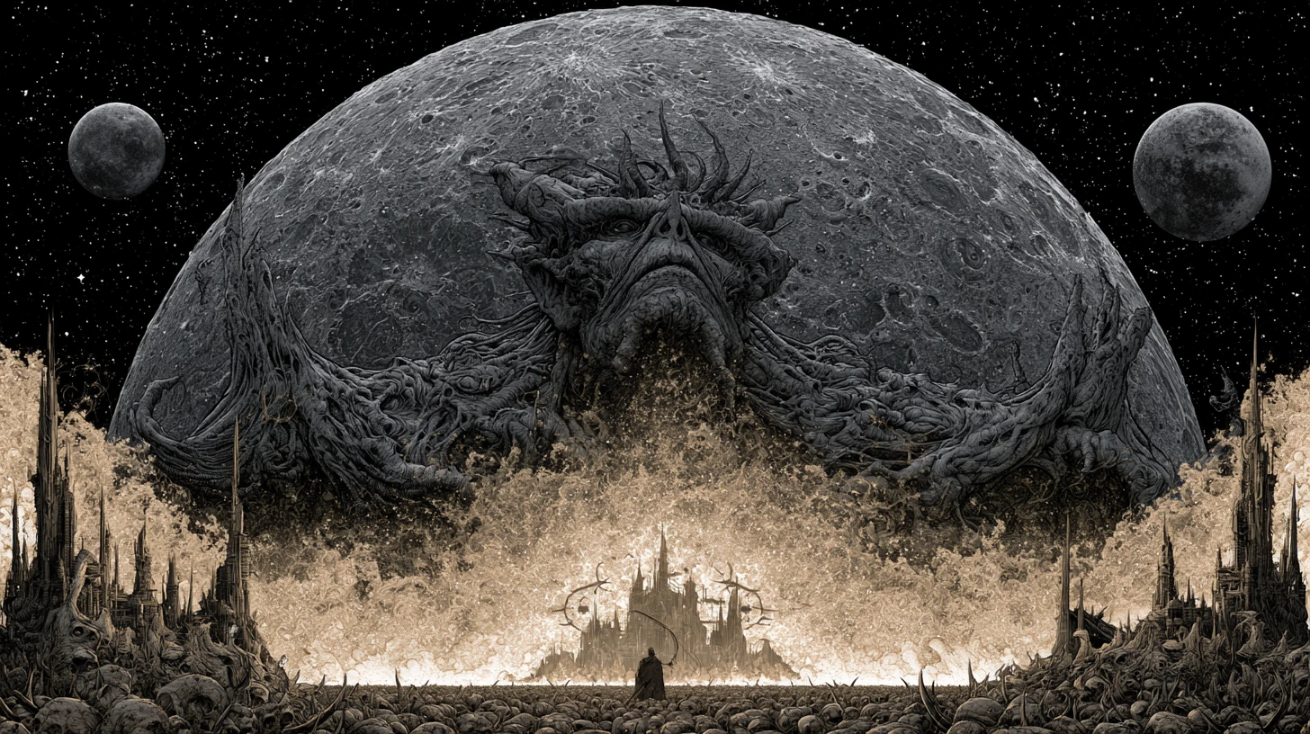 Colossal cosmic overlord leading a final assault on mankind