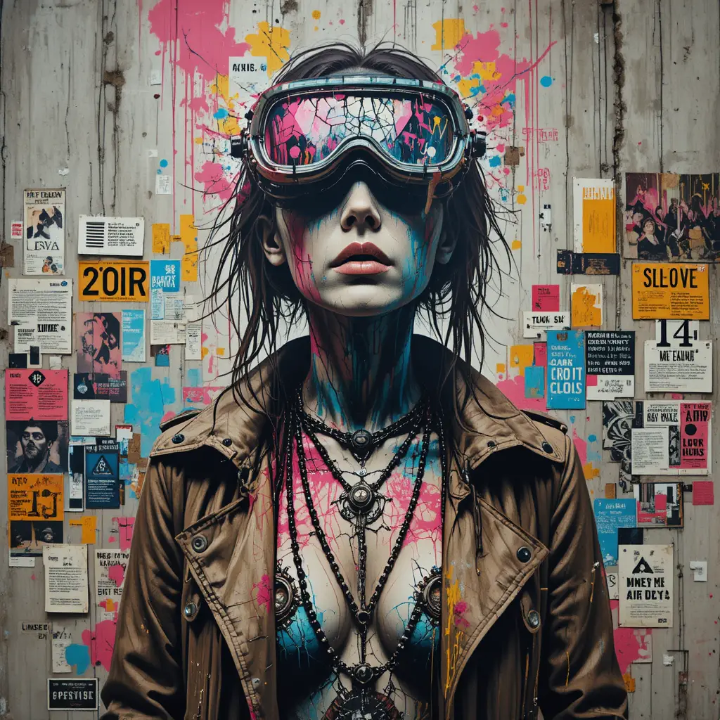 Ritratto di donna cibernetica in street art intrisa di glitch