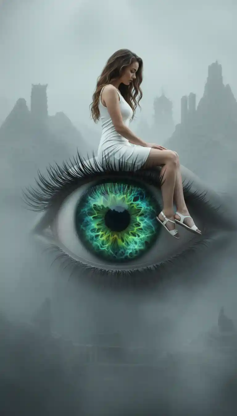 Young woman sitting on the rim of a giant eyeball