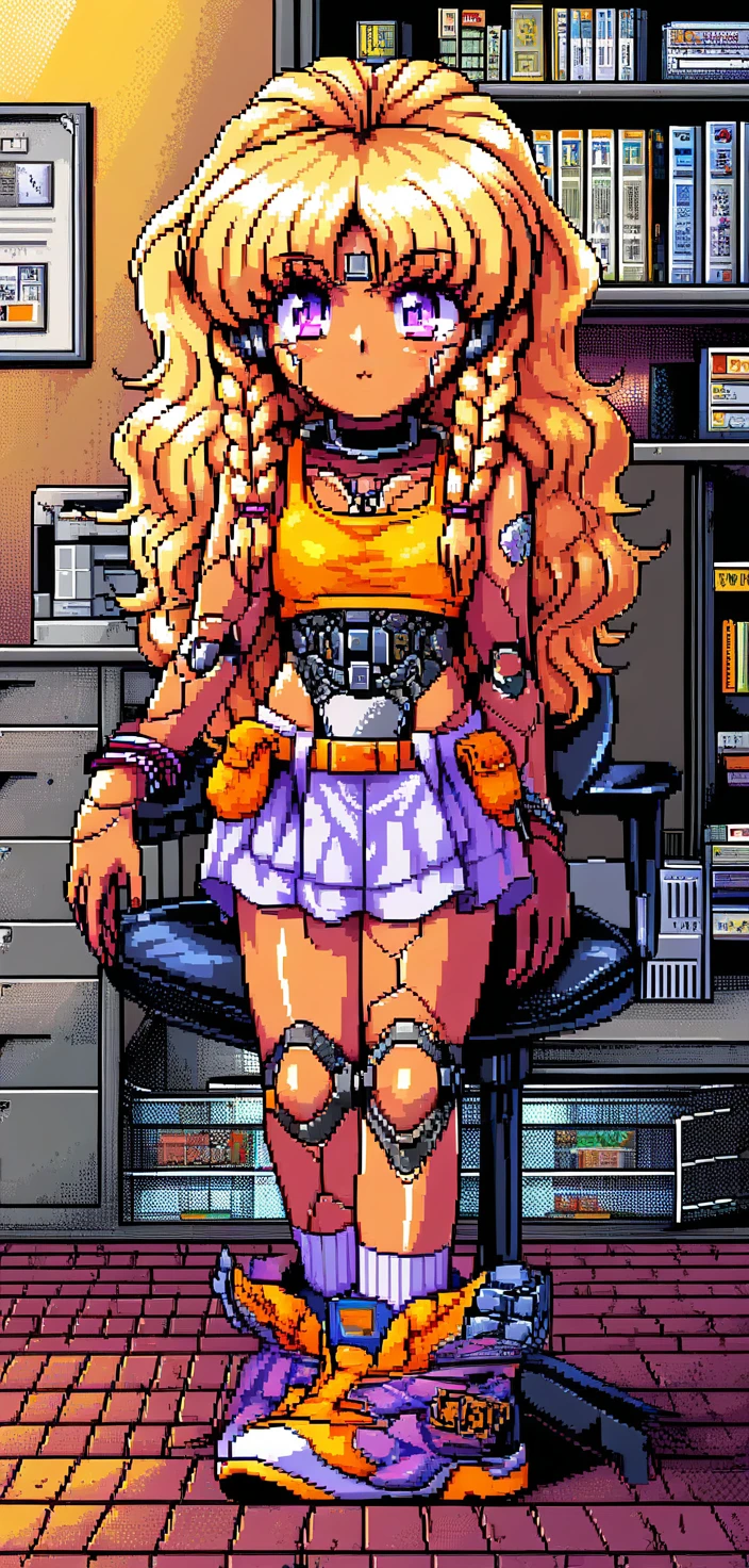 Pixel art anime girl sitting in an office chair
