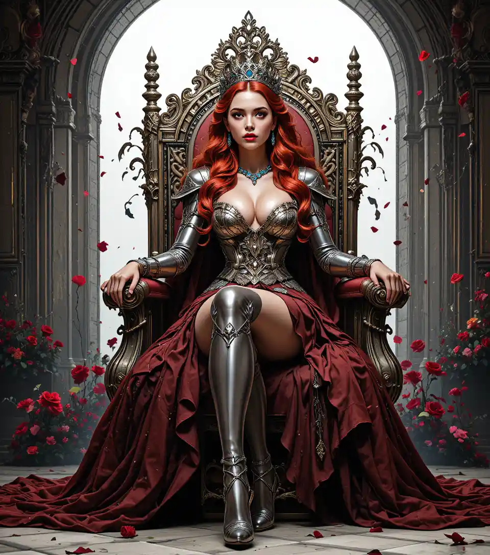 Scarlet haired fantasy queen on an ornate medieval throne