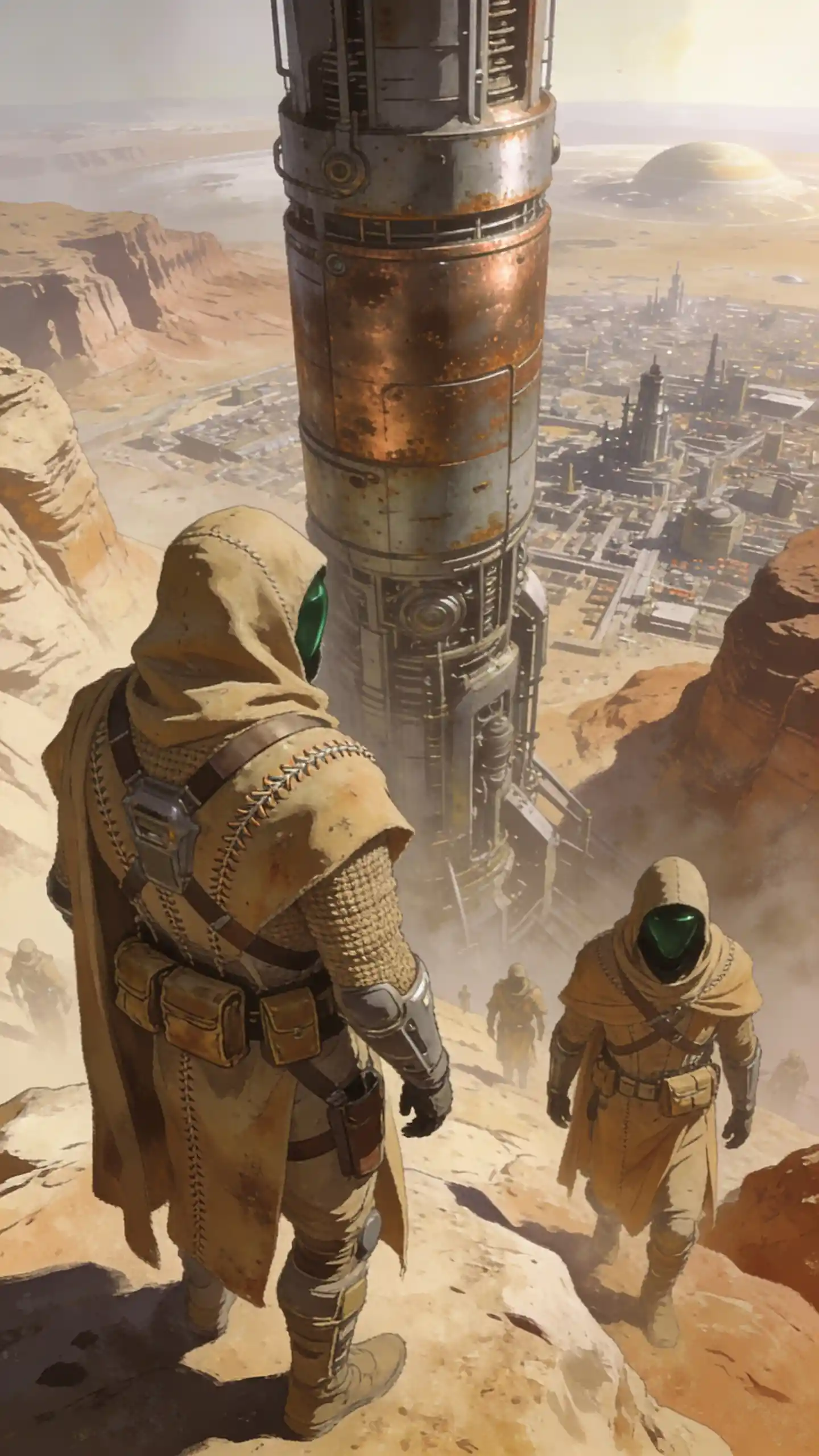 Futuristic tower above cloaked figures in alien desert