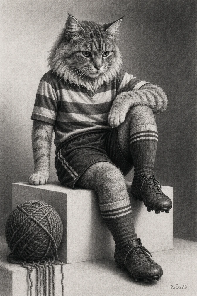 Graphite drawing of a contemplative cat in football uniform