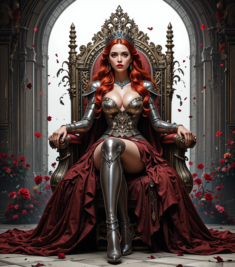 Scarlet haired fantasy queen on an ornate medieval throne