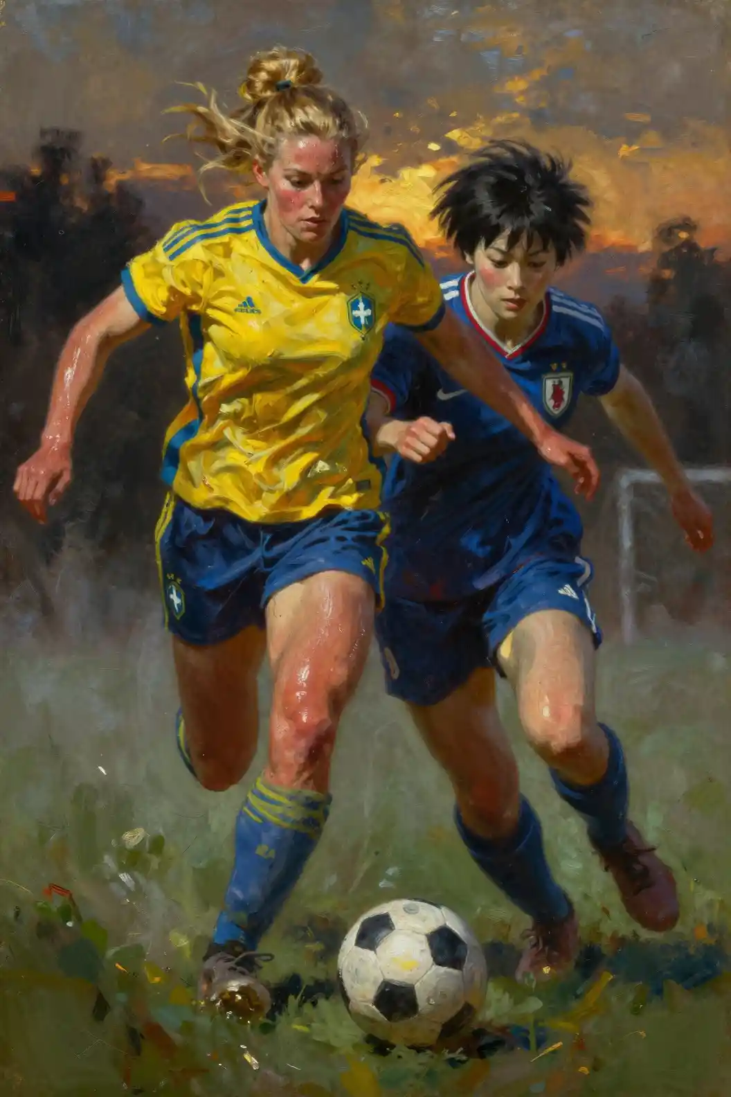 Dramatic oil painting of two women chasing a soccer ball