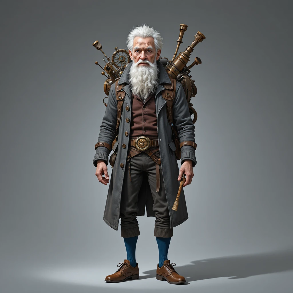 Eccentric old explorer holding scroll and staff